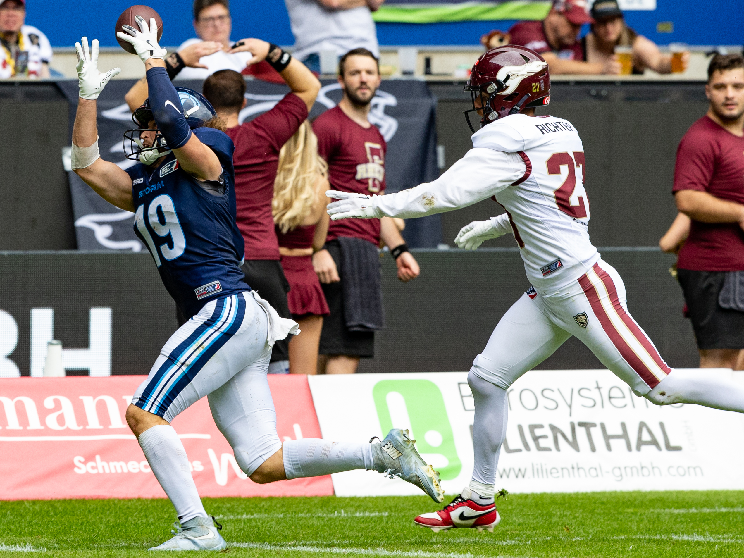 Incomplette catch from #19 Brendan Beaulieu (WR) Nordic Storm Rhein Fire vs Nordic Storm, American Football, European League of Football, Week 14, 2025, 17.08.2025,