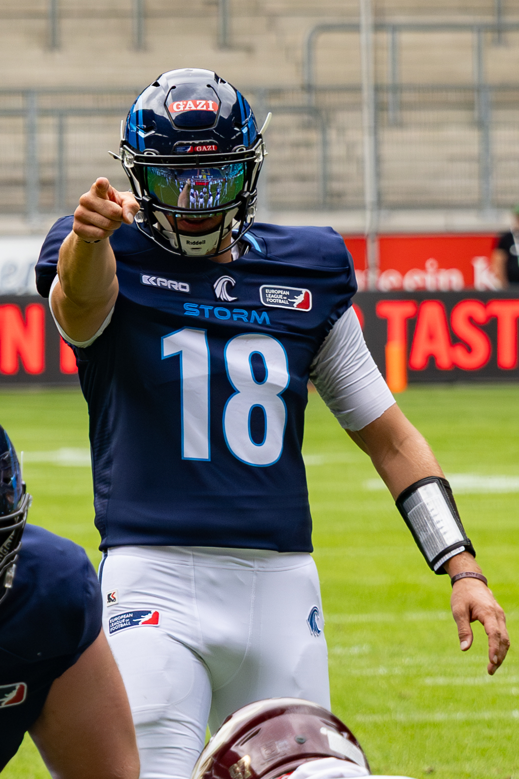 #18 Jadrian Clark (QB) Nordic Storm behind the O-line. Rhein Fire vs Nordic Storm, American Football, European League of Football, Week 14, 2025, 17.08.2025,