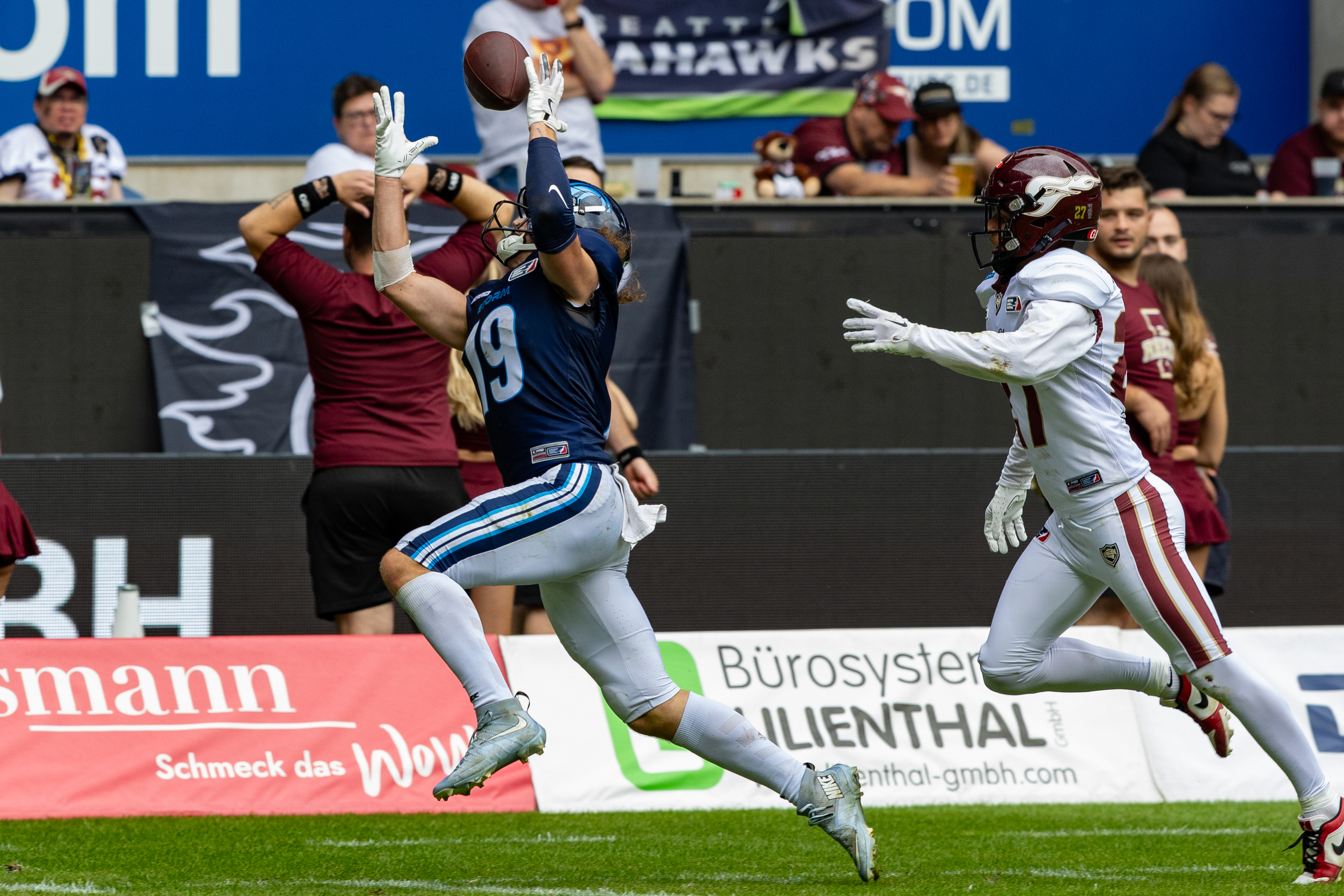 Incomplette catch from #19 Brendan Beaulieu (WR) Nordic Storm Rhein Fire vs Nordic Storm, American Football, European League of Football, Week 14, 2025, 17.08.2025,