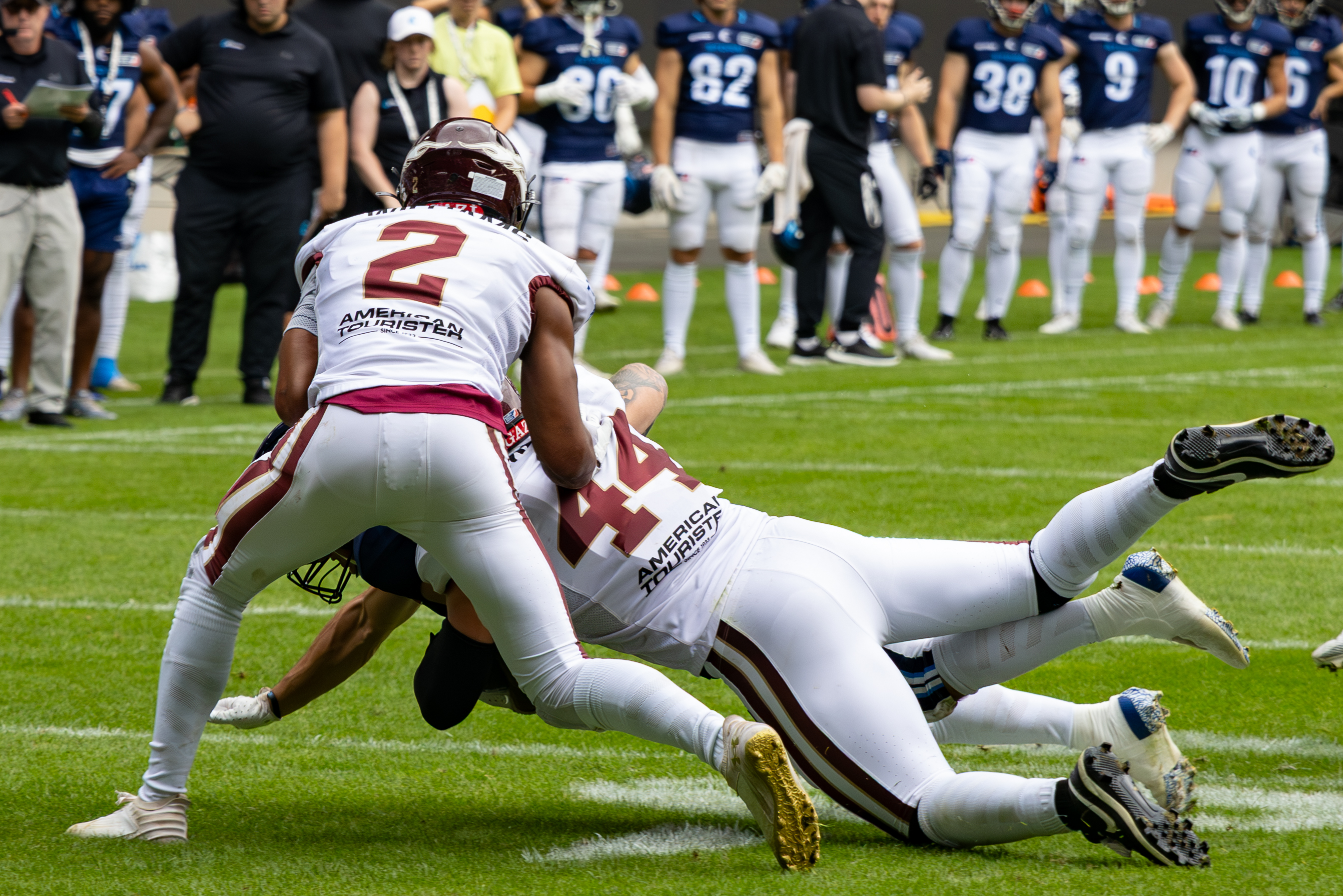 #44 Marius Kensy (LB) Rhein Fire and #2 Omari Williams (FS) Rhein Fire Rhein Fire vs Nordic Storm, American Football, European League of Football, Week 14, 2025, 17.08.2025,