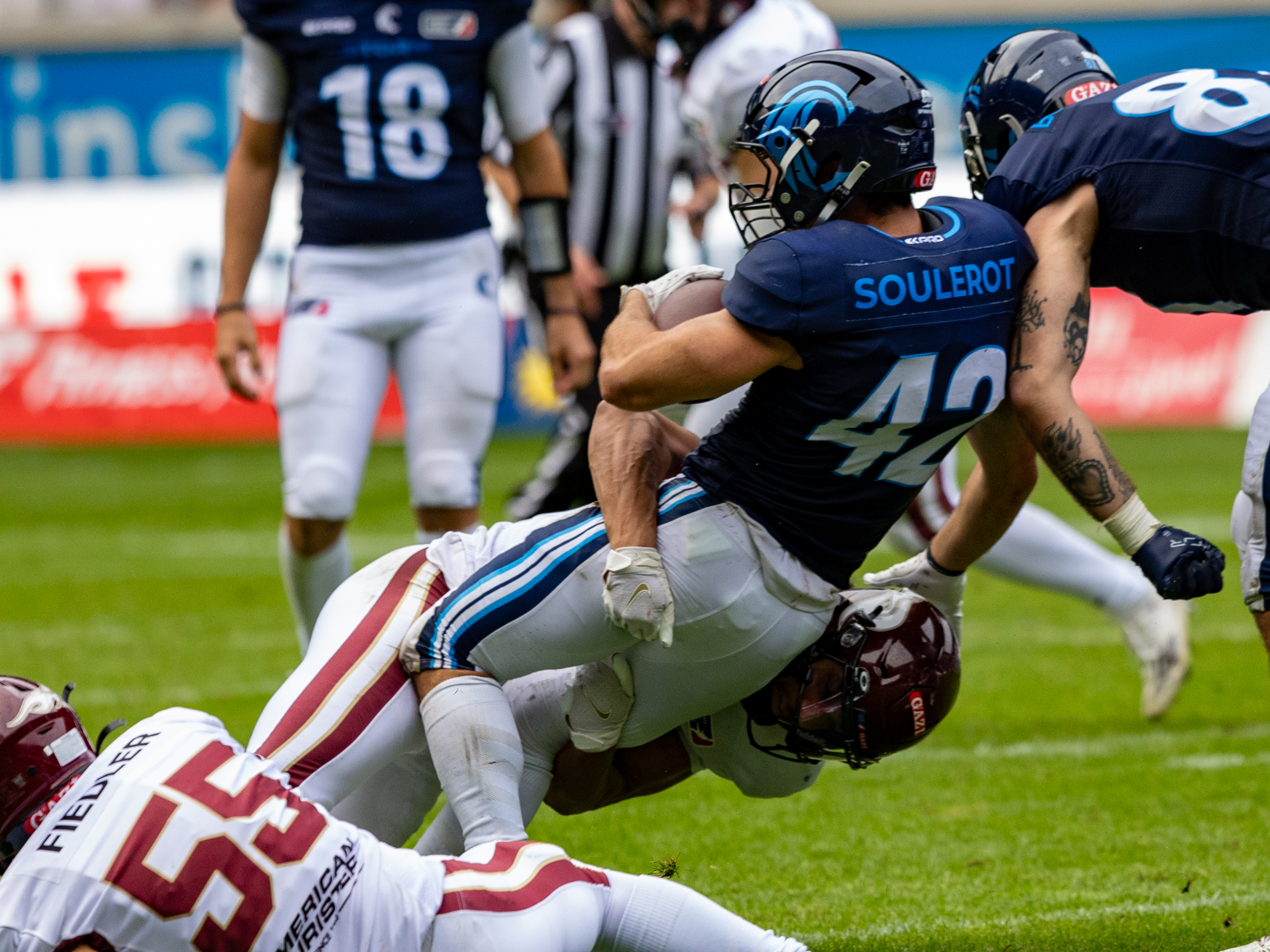 Fire stops #42 Armand Soulerot (RB) Nordic Storm Rhein Fire vs Nordic Storm, American Football, European League of Football, Week 14, 2025, 17.08.2025,